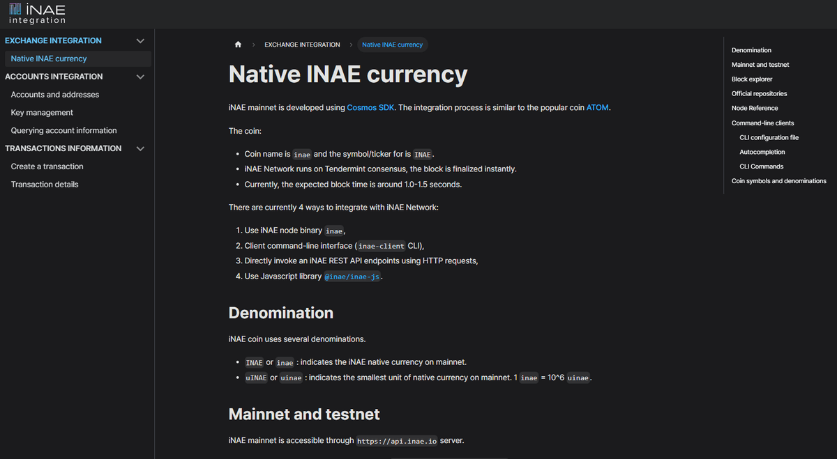 Documentation website for Inae coin integration